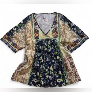 NORACORA S Boho Floral Patchwork V-Neck Tunic Top